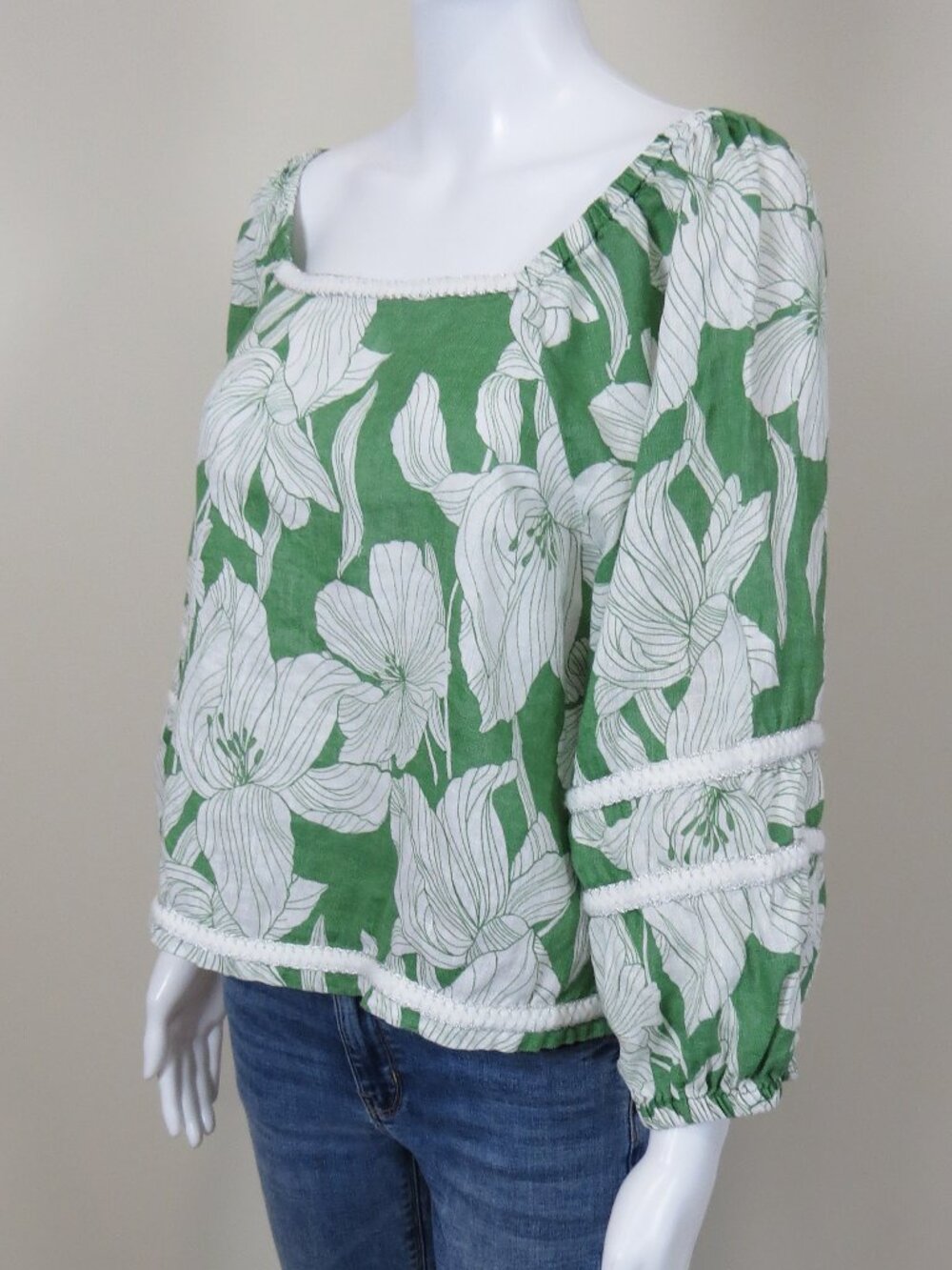 Tahari Linen Floral Botanical Square Neck Top SIZE Large, Green & White